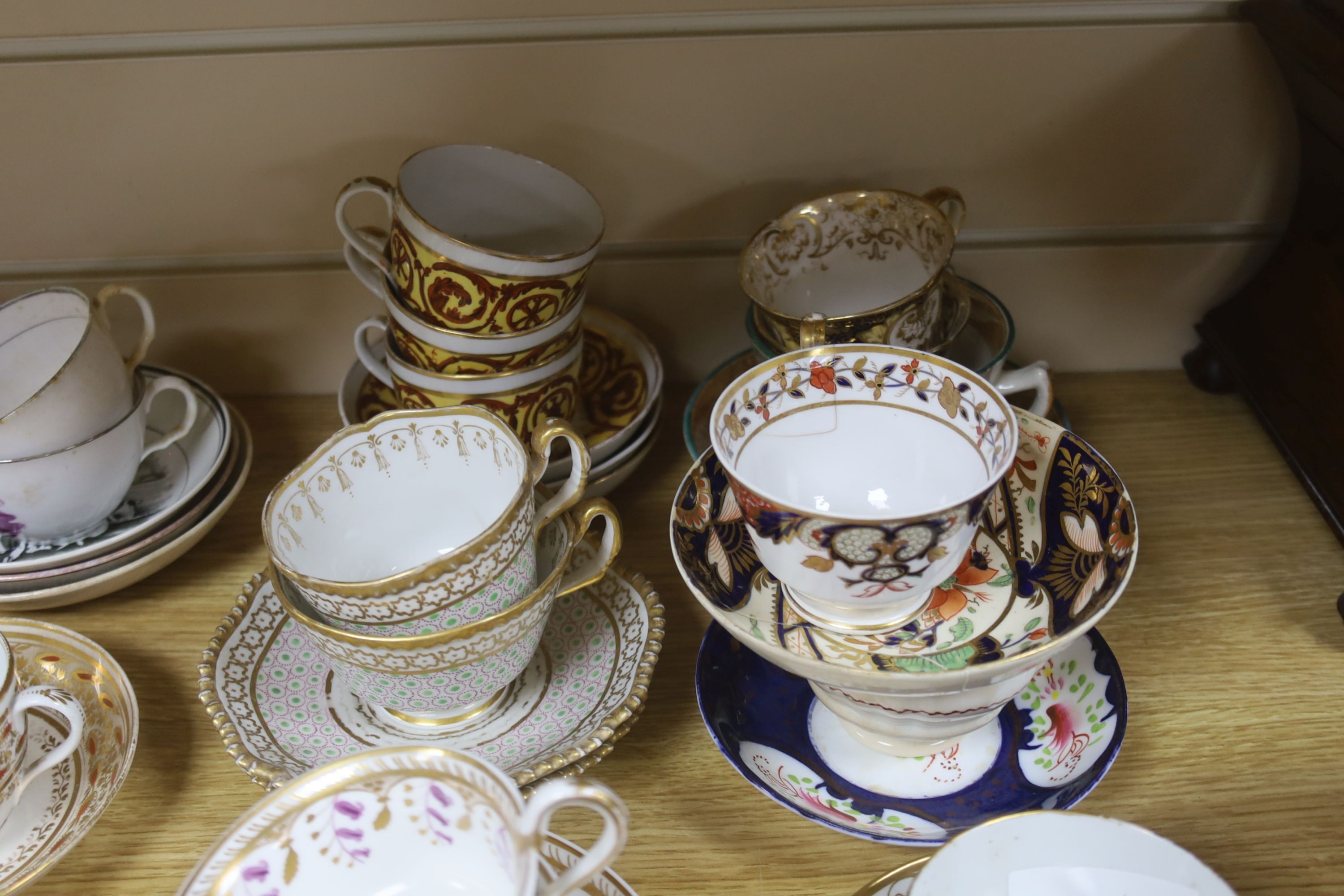 A group of 19th century and later cups and saucers, etc., majority English porcelain